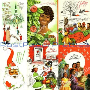 10 immagini di biglietti di auguri natalizi per famiglie afroamericane stampabili vintage in formato PDF, download digitale istantaneo, clipart natalizie per famiglie nere di metà secolo MCM