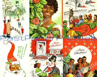 10 Vintage Printable Christmas African American Family Card Images PDF Instant Digital Download Mid Century Black Family MCM Holiday Clipart