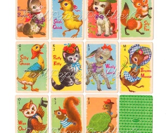 Vintage Retro Animal Rummy Playing Cards or Nursery Decal Images Collage Sheets Printable PDF Instant Digital Download Cute Critters Clipart
