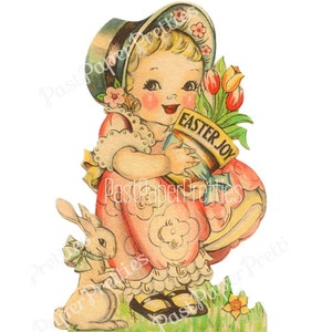 Vintage druckbare antike Osterkarte Bild niedliches Sunbonnet Mädchen mit Hase 1930er Jahre Sofortiger digitaler Download Art Deco Clip Art 300 dpi