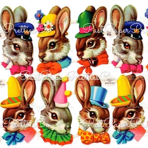 Vintage druckbare Hasen mit Hüten Osterhasen Köpfe Papierschnipsel Collage Sheet PDF Sofortiger digitaler Download Made in England JPEG PNG