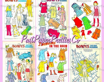 Vintage Paper Dolls Bunty's Cut-Out Wardrobe Printable PDF Instant Digital Download 6 Sets Cute 60s 70s Comic Book Girl and Clothing