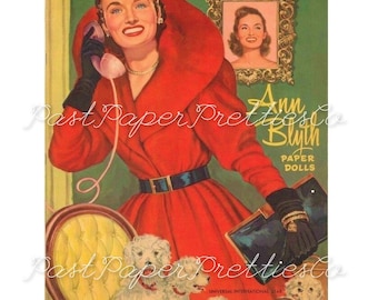 Papierowe lalki z gwiazdami filmowymi Ann Blyth z ok. 1952 r. do wydrukowania w formacie PDF, natychmiastowe pobranie cyfrowe, klipart z ubraniami gwiazd Hollywood Glam