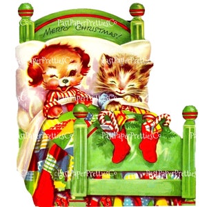 Immagine di cartolina d'auguri di Natale con cucciolo e gattino carino stampabile d'epoca, retrò anni '60, download digitale istantaneo, kitsch clipart JPEG PNG