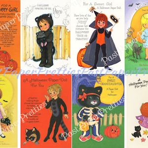 Cartões de felicitações de bonecas de papel de Halloween vintage, adoráveis meninas, gato preto, c. 1980, PDF, download digital instantâneo, coleção nº 1