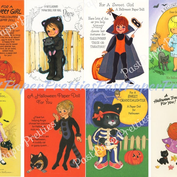 Vintage Halloween Paper Dolls Greeting Cards Adorable Little Girls Black Cat c. 1980s PDF Instant Digital Download Collection No. 1