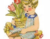 Vintage Printable Happy Easter Card Image Pretty Art Deco Girl with Tulip Pot Ducks 1930s Instant Digital Download PNG JPEG 300 dpi