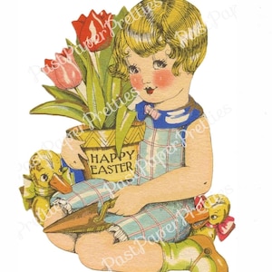 Immagine di cartolina di Pasqua felice stampabile d'epoca Bella ragazza in stile Art Déco con vaso di tulipani e anatre c. 1930 Download digitale istantaneo PNG JPEG 300 dpi