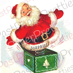 Imagen de tarjeta navideña con sorpresa de Papá Noel de mediados de siglo, imprimible, vintage, Jack in the Box, descarga digital instantánea, imágenes prediseñadas navideñas kitsch