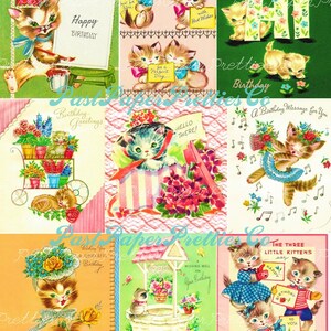 以下が含まれることがあります： さまざまなポーズをとった子猫が描かれた、ヴィンテージの誕生日カード9枚のコラージュ。カードは、花、音符、そして「ハッピーバースデー」や「あなたへの誕生日メッセージ」などのあいさつが書かれた、カラフルで幻想的なデザインです。