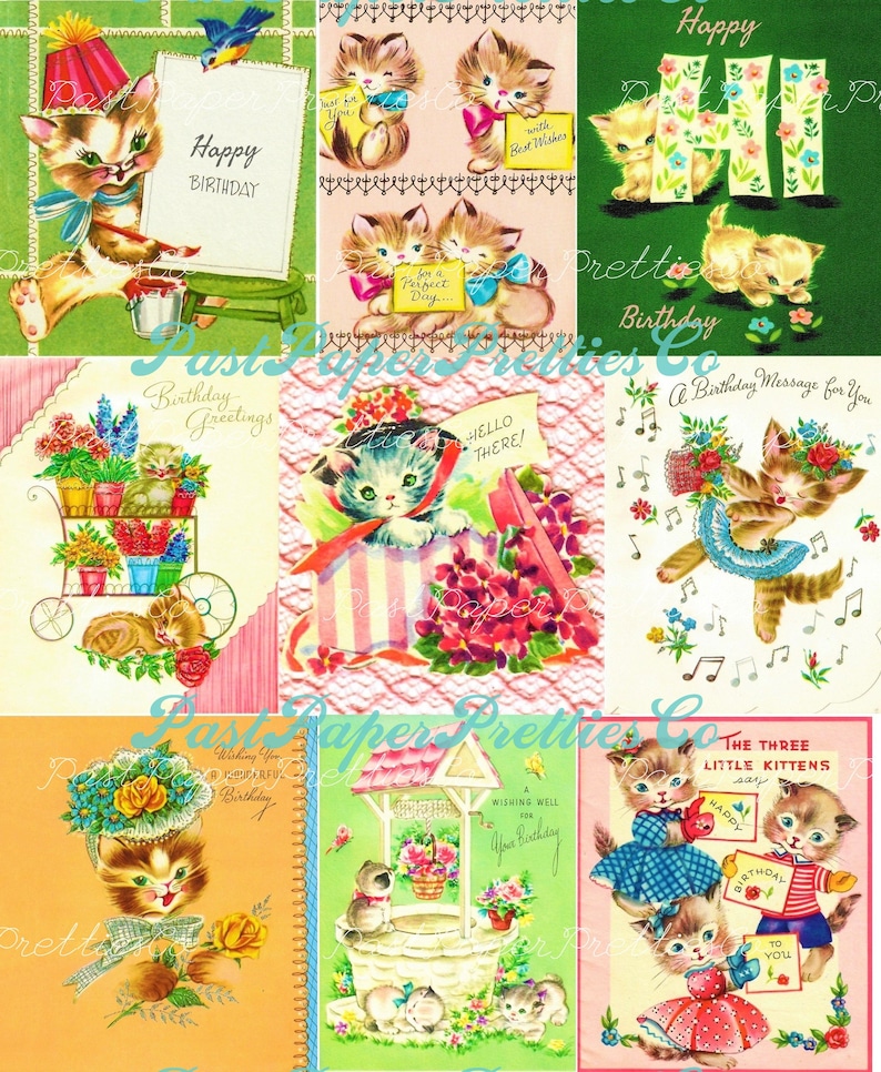 以下が含まれることがあります： さまざまなポーズをとった子猫が描かれた、ヴィンテージの誕生日カード9枚のコラージュ。カードは、花、音符、そして「ハッピーバースデー」や「あなたへの誕生日メッセージ」などのあいさつが書かれた、カラフルで幻想的なデザインです。