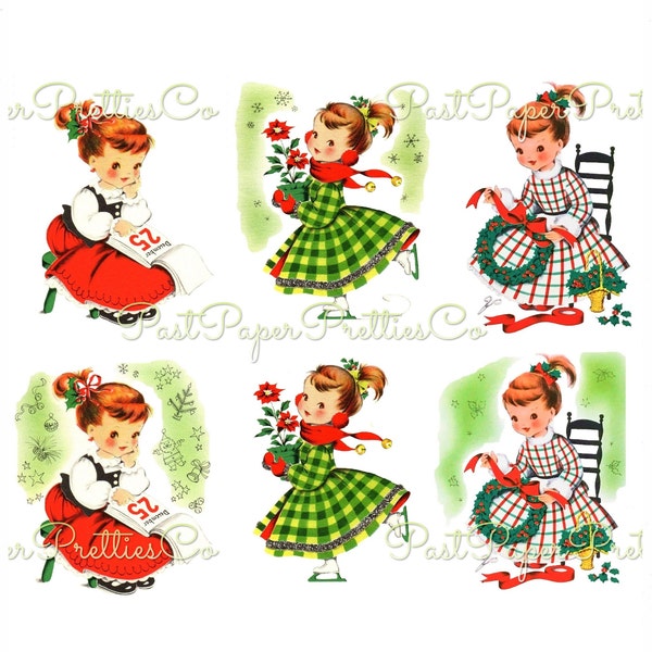 Vintage Printable Pretty Gingham Dress Christmas Girls Norcross Card Images c. 1940s PDF Instant Digital Download Cute Xmas Clipart 300 dpi