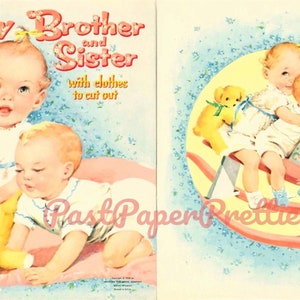 Vintage Paper Dolls Baby Brother and Sister Cute Twin Babies c. 1958 Printable PDF Instant Digital Download Infant Siblings Clip Art