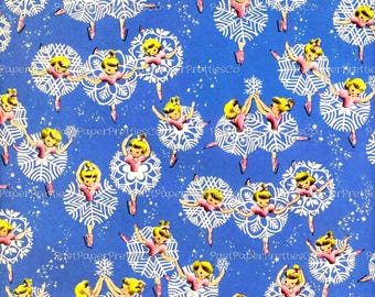 Vintage Printable Christmas Gift Wrap Skating Snowflake Ballerina Girls Instant Digital Download Kitsch Cute Dancers Wrapping Paper
