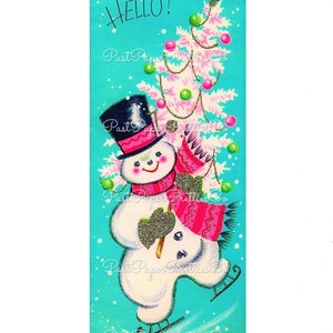 Vintage imprimable bonhomme de neige rose sarcelle patinage arbre de Noël Image de carte téléchargement numérique Kitsch rétro milieu du siècle Clip Art