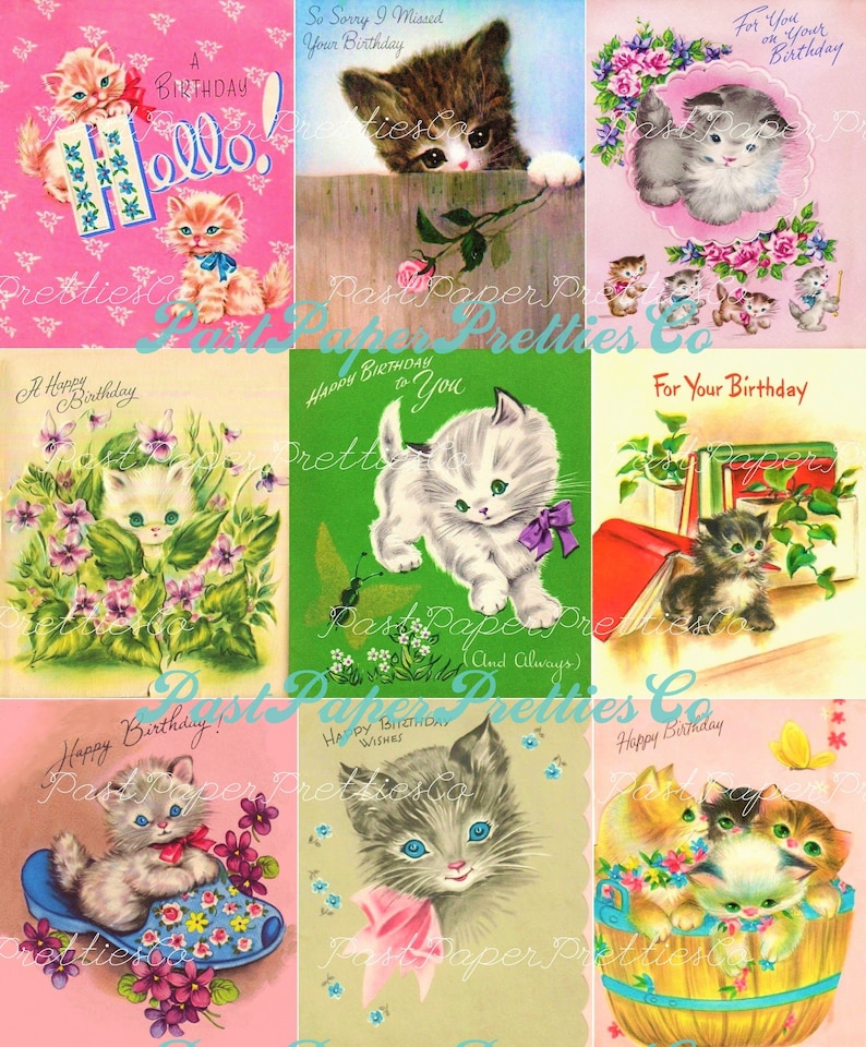 以下が含まれることがあります： 誕生日のお祝いの言葉が書かれた子猫のイラストが描かれたヴィンテージのグリーティングカードが9枚。カードはピンク、グリーン、ブルーの背景に花と「ハッピーバースデー」「バースデー」「あなたへの誕生日」「あなたへのハッピーバースデー」「あなたの誕生日を逃してしまってごめんなさい」「ハッピーバースデーウィッシュ」「あなたの誕生日おめでとう」という文字が書かれています。