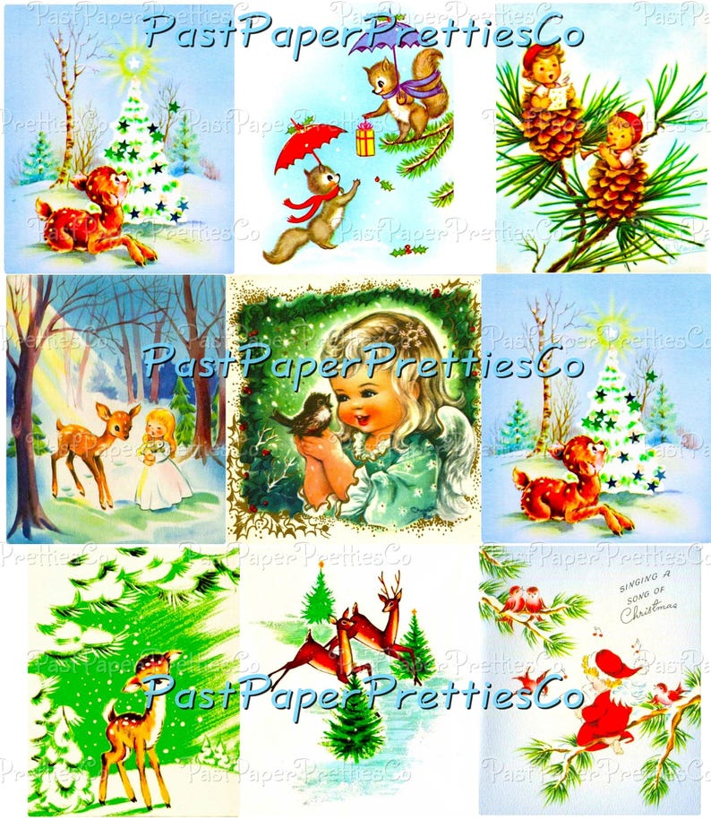 Pode incluir: Uma colagem digital de nove ilustra&ccedil;&otilde;es de Natal vintage que apresentam uma variedade de cenas de inverno, incluindo um veado, um esquilo, um p&aacute;ssaro, uma pinha, uma &aacute;rvore de Natal e uma figura do Papai Noel. As ilustra&ccedil;&otilde;es s&atilde;o de estilo caprichoso com cores brilhantes e um ambiente festivo.