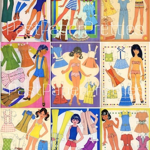Hojas de collage de muñecas de papel vintage para imprimir, estilo retro de los años setenta, para chicas de verano, moda de los años 70, muñecas recortables, descarga digital instantánea en formato PDF, 17 páginas