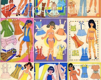 Vintage Printable Paper Dolls Retro Seventies Summer Girls Collage Sheets 1970s Fashions Cut Out Dolls PDF Instant Digital Download 17 Pages