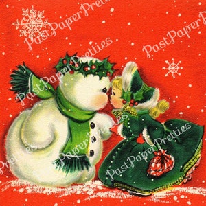 Immagine di cartolina d'auguri stampabile vintage Little Miss Christmas Cute Girl Kissing Snowman Retro anni '50 Download digitale istantaneo Kitsch Holiday Clip Art