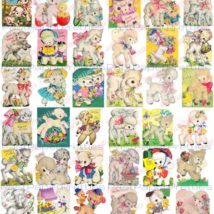 36 bilder på vintage påskkort, söta lammcollageark och enskilda kort, ALLA lamm, PDF, direkt digital nedladdning, kitschig påskdjurs-clipart bild 2