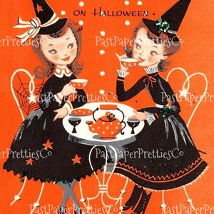 May include: Two witches dressed in black and white witch costumes with pointy hats are having tea on Halloween. The witches are sitting at a table with a teapot and teacups. The background is orange with white polka dots.