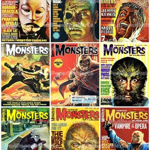 May include: Nine vintage "Famous Monsters of Filmland" magazine covers. The covers feature classic horror movie monsters like Dracula, Frankenstein, and the Wolfman. Bold colors and retro fonts create a nostalgic aesthetic.