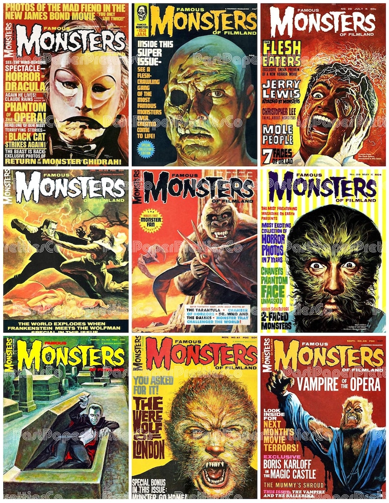 May include: Nine vintage "Famous Monsters of Filmland" magazine covers. The covers feature classic horror movie monsters like Dracula, Frankenstein, and the Wolfman. Bold colors and retro fonts create a nostalgic aesthetic.