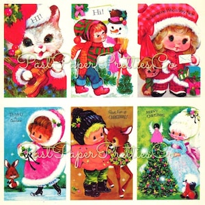 Vintage imprimable rétro mignon enfants animaux carte de Noël collage d'images feuille de 6 PDF à télécharger 300 dpi