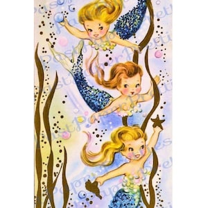 Vintage image de carte de voeux sirène mignonne imprimable 1957 Trois petits contes à raconter Téléchargement numérique instantané Deux combinaisons de couleurs 300 dpi