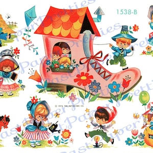 Vintage rétro chambre d'enfant comptines livre d'histoires pour enfants autocollants imprimables feuille de collage téléchargement numérique instantané Journal Images 1976