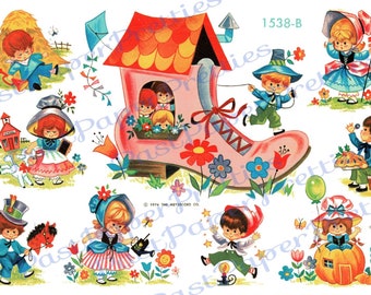 Vintage retro babykamer kinderliedjes verhaal boek kinderen afdrukbare stickers collage blad instant digitale download dagboekafbeeldingen 1976