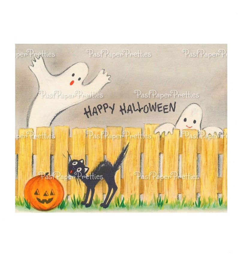 May include: A vintage Halloween card featuring a black cat, a jack-o-lantern, and two ghosts peeking over a wooden fence. The card reads "Happy Halloween".
