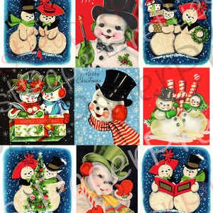 Folha de colagem de Natal para impressão vintage e cartões completos Rostos de boneco de neve Pessoas da neve PDF Kitsch digital instantâneo Bonecos de neve Kawaii 300 dpi