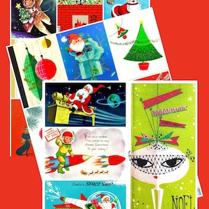 Noël vintage imprimable MCM espace extra-atmosphérique fusée atomique carte Collage Images PDF téléchargement numérique instantané rétro astronaute père Noël enfants