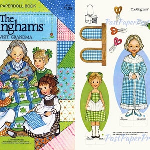 Lalki papierowe Vintage Ginghams Odwiedź babcię ok. 1981 Wydrukuj PDF Natychmiastowe pobieranie cyfrowe Urocze siostry Sunbonnet Dziewczyna z prerii Clip Art