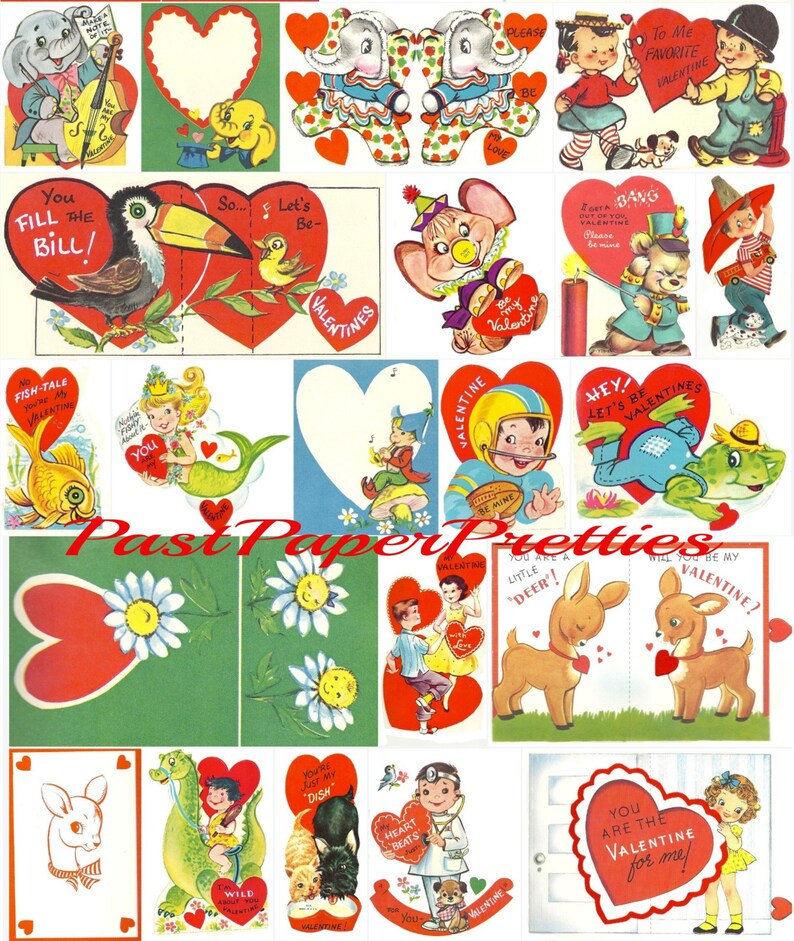 180 Vintage do druku POJEDYNCZYCH kartek walentynkowych, urocze retro dzieci, zwierzęta, obrazy z lat 60. i 70. XX wieku, natychmiastowe pobieranie cyfrowe, pieczęcie, koperty, 300 dpi zdjęcie 5
