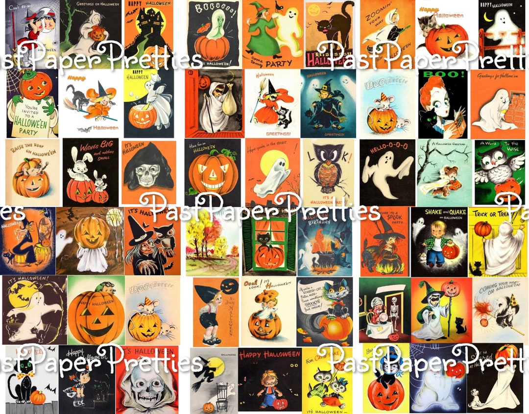 Vintage Halloween Printable Collage Cards Retro Mid Century Images PDF ...