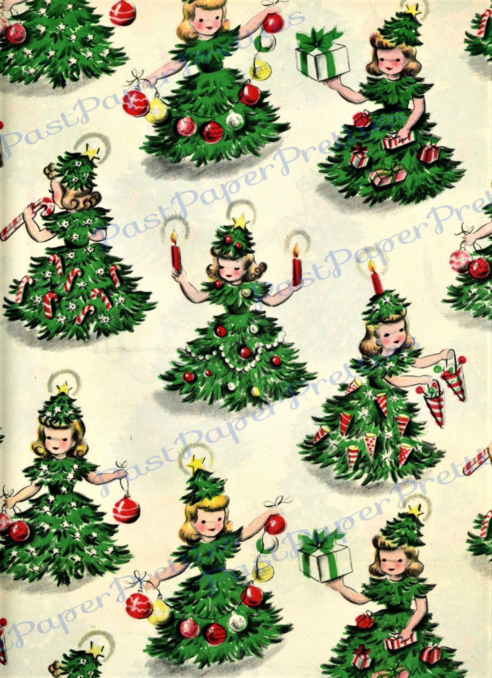 Vintage Christmas Wrapping Paper, Green Pine Trees Print Art Holiday G –  Starcove Fashion