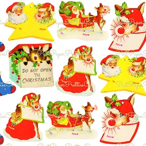 Vintage druckbare Weihnachten Geschenkanhänger Retro Rudolph das Rentier und die rote Nase Santa Collage Sheet Sofortiger digitaler Download Merry Kitschmas
