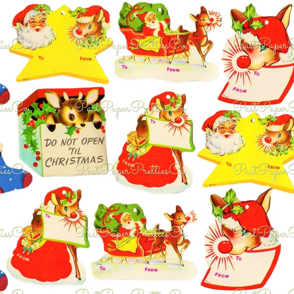 Vintage Printable Christmas Gift Tags Retro Rudolph the Red Nosed Reindeer Santa Collage Sheet Instant Digital Download Merry Kitschmas