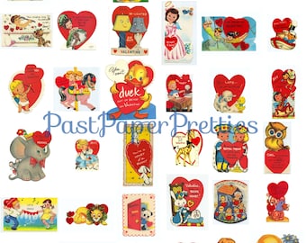 Könnte beinhalten: Eine Sammlung von Vintage-Valentinstagskarten mit verschiedenen Illustrationen von Tieren, Kindern und Herzen. Die Karten sind auf Papier mit weißem Hintergrund gedruckt und haben rote Herzen mit Botschaften wie "Du bist mein Valentinstag" und "Lass uns tanzen".