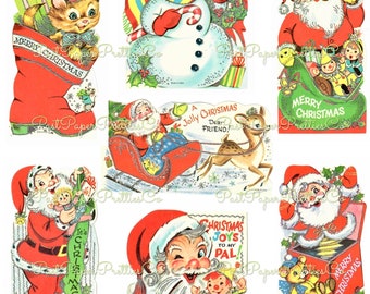 Vintage Noël rétro imprimable Style classe cartes feuilles de collage 20 images PDF téléchargement numérique instantané Mignons voeux de vacances des années 1960
