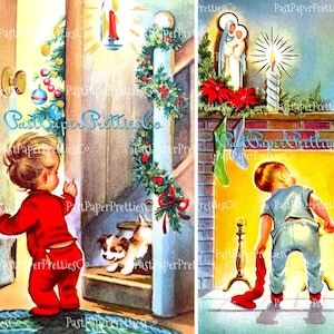 Vintage afdrukbare schattige nieuwsgierige kleine kerstjongens kaartafbeeldingen pdf instant digitale download kitsch MCM Xmas Morning clipart 300 dpi