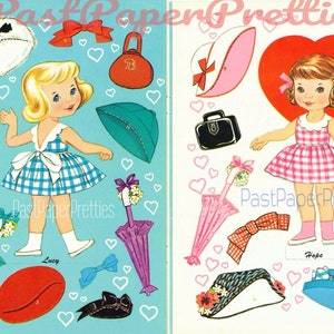Vintage Paper Dolls Little Sweethearts des années 1960 imprimable PDF Téléchargement numérique instantané 4 petites filles mignonnes douces à pois Vichy clipart