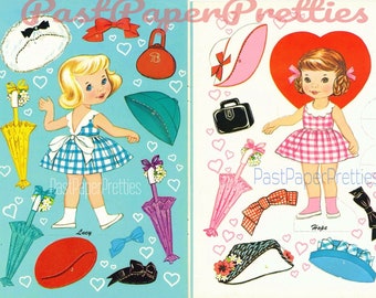 Muñecas de papel vintage Little Sweethearts de los años 60, imprimibles en PDF, descarga digital instantánea, 4 lindas niñas con lunares y estampado de cuadros.