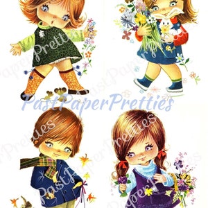 Vintage druckbare süße große Augen Kinder Mädchen Jungen und ihre Haustiere 1970er Jahre Postkarte Bilder PDF Sofortiger digitaler Download Kitsch Kawaii Kids