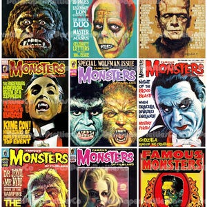 Vintage Retro Filmmonster Tidskriftsomslag Collagebilder Halloween PDF Direkt Digital Nedladdning 22x9 Utskrivbara Ark Spöklika MCM Varelser
