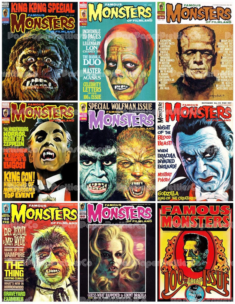 May include: A collage of vintage "Famous Monsters of Filmland" magazine covers. The covers feature classic horror movie monsters like King Kong, Frankenstein's monster, Dracula, and the Wolfman, with bold text and vibrant colors.