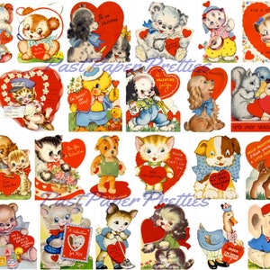 90 Vintage Tier Karten zum Valentinstag entzückend süß Tiere Bilder druckbare Collagen PDF Sofort Digital Download Anthropomorpher ClipArt